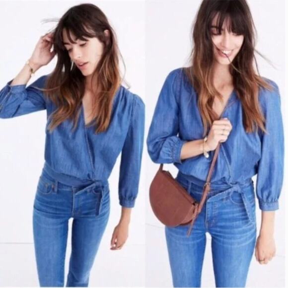 Madewell Chambray Denim Wrap Top Blouse - Picture 1 of 5